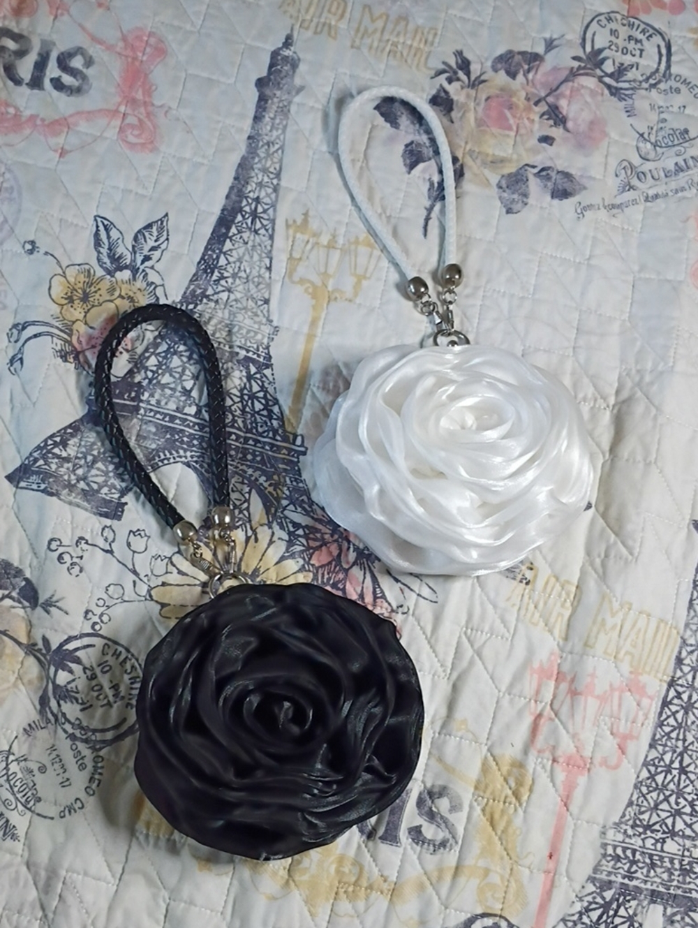 White and Black Rose Wristlet Bag Elegant Floral Accessory